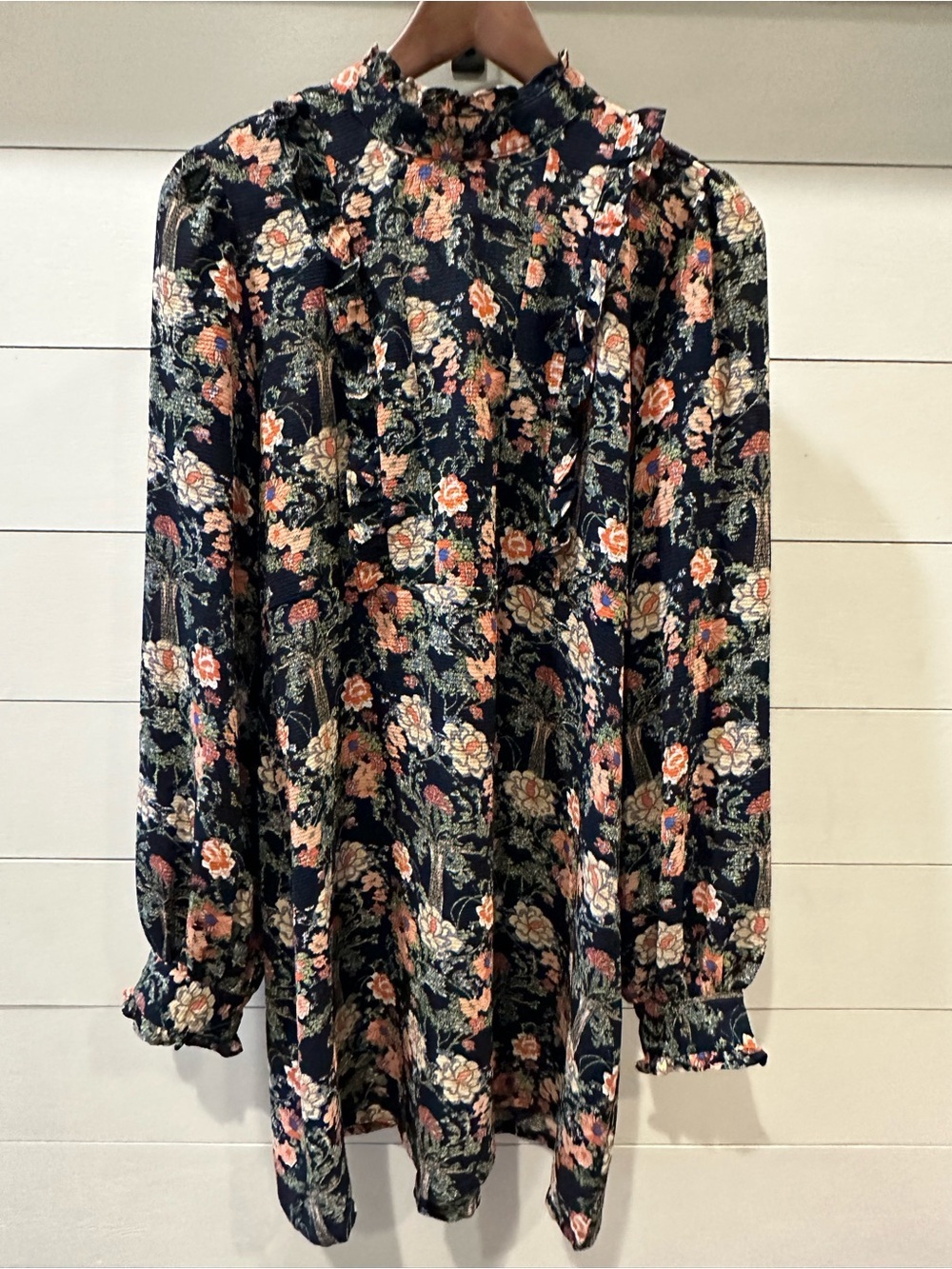 Esley Woemns Ruffle High-Neck Tunic Dress - Black with Pink & Cream Flowers- Med